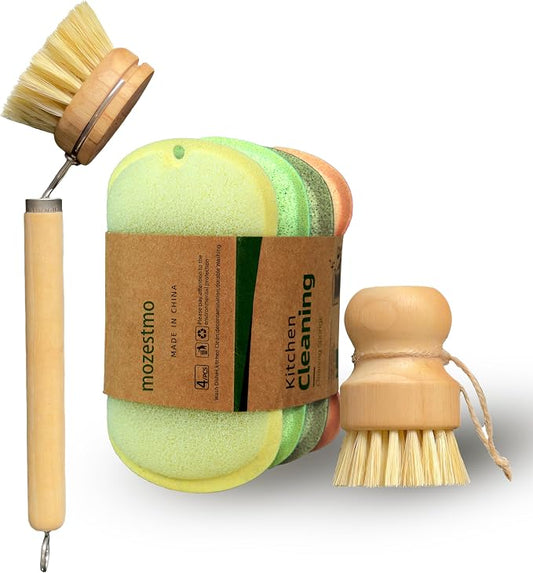 Natural Bamboo Dish Brush Set, 1 Long & 1 Short Handle Sisal Brushes with 4 Loofah Sponges, Non-Scratch Cleaning Brushes for Dishes, Pots, Cups, Vegetables & Sinks