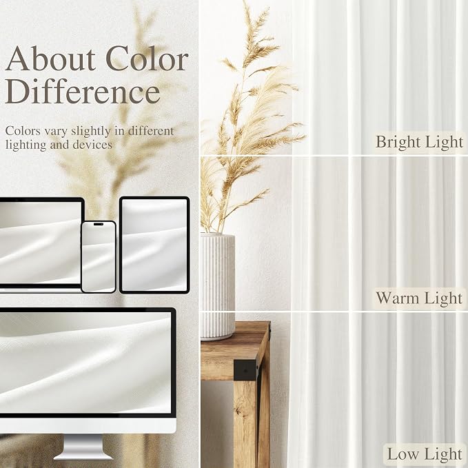 Ivory Linen Sheer Curtains 102 Inches 2 Panels Set Back Tab Rod Pocket Extra Long Semi Sheer Light Filter Vintage Curtain Drapes Room Decor Aesthetic Curtains for Living Room High Window 40x102