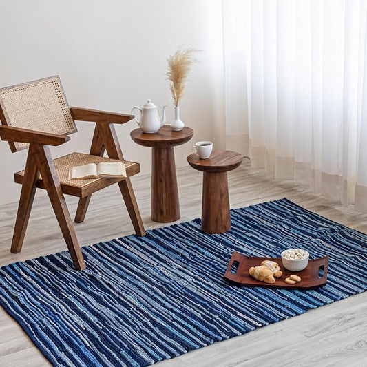 HOMEMONDE Navy Rag Rug 3'x5' Recycled Soft Cotton Chindi Rugs Hand Crafted Reversible Boho Home Decor for Bedroom, Living Room, Kitchen, Entyrway