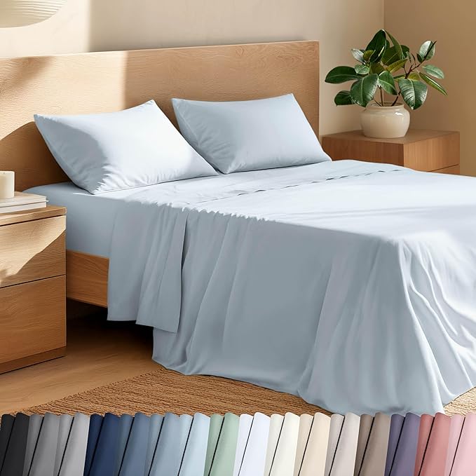 Bare Home 100% Organic Cotton Full Sheet Set - Crisp Percale Weave - Lightweight & Breathable - Bedding Sheets & Pillowcases (Full, Winter Blue)