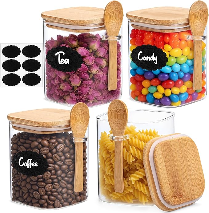 BAMBOO LAND- Glass Jars with Bamboo Lids and Spoons Set, 28 Oz, Set of 4, Glass Containers with Bamboo Lids Airtight for Loose Tea, Brown Sugar, Candy, Nuts