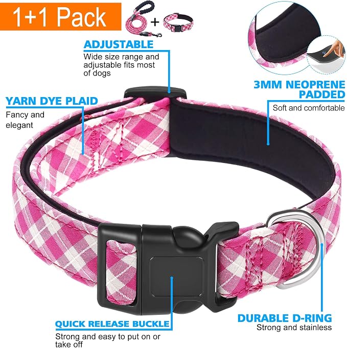 Ladoogo Reflective Dog Collar Padded with Soft Neoprene Breathable Adjustable Nylon Dog Collars for Small Medium Large Dogs (Medium (Pack of 1), Pink Plaid Collar+Leash)