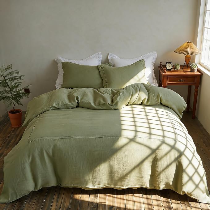 Simple&Opulence 100% Washed Linen Duvet Cover Set 104"x92" - 3 Pieces Soft Farmhouse Comforter Set Double Embroidered with Button Closure - 1 Duvet Cover and 2 Pillowshams (Sage Green, King)