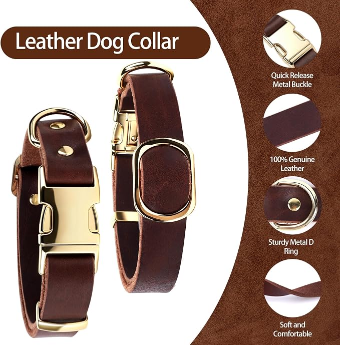 Leather Dog Collar and Leash Set, 6FT Heavy Duty Leather Training Leash with Adjustable Dog Collar, Soft and Durable Dogs Leashes and Collars Set for Small Medium Large Dogs (Brown, XL)