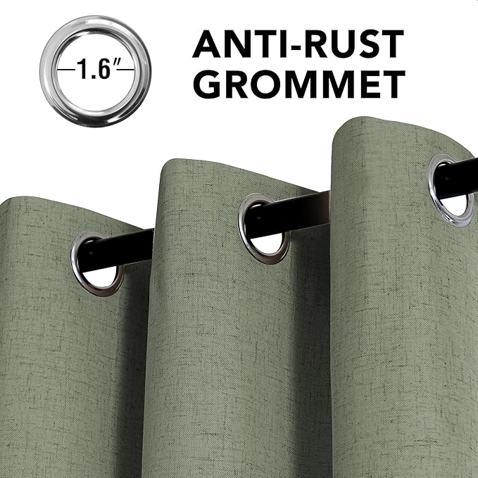 H.VERSAILTEX Linen Curtains 100% Blackout Curtains for Bedroom 90 inch Long Full Light Blocking Nature Linen Blended Window Curtains for Living Room Nickel Grommet (2 Panels, Heathered Dried Sage)