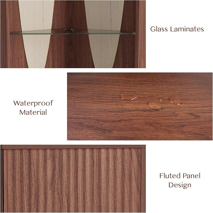 JOINICE Tall Corner Bar Cabinet for Liquor,Mid-Century Modern,Walnut,70" | Fluted Door,Glass Shelves,Wine Cabinet with Led for Living Room, Kitchen,Dining Room,Easy Assembly,for Small Apartment