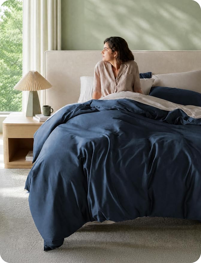 Bedsure GOTS Organic Cotton Queen Duvet Cover Set, Navy Blue, 90" x 90" | for Sensitive Skin—8 Interior Ties Keep Insert Secure, Hidden Zipper, Breathable Comfort in Ivory with 2 Pillow Shams