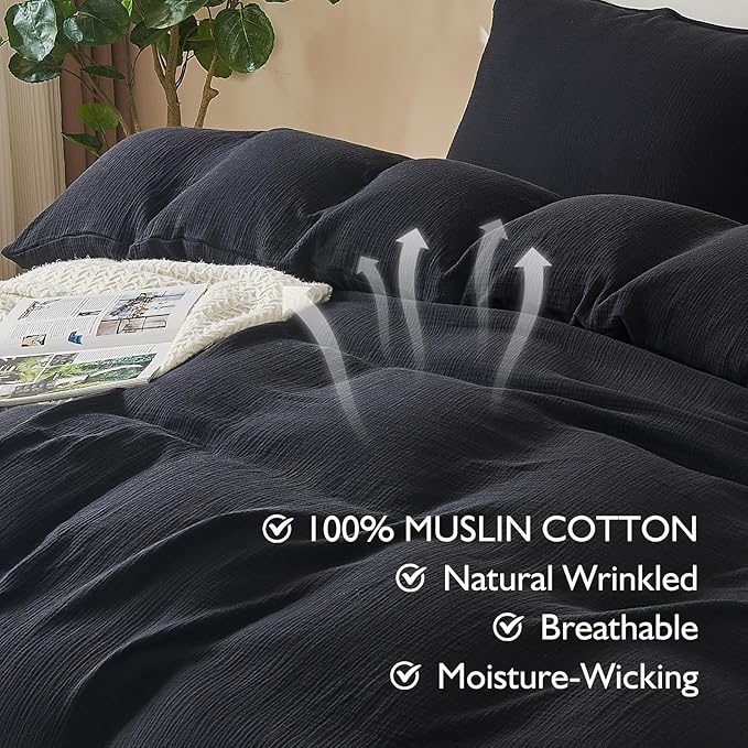 EMME Muslin Cotton Duvet Cover Set Black Queen Size Linen Like Soft Breathable Lightweight Summer Comforter Cover Set with Zipper Closure (Black, Queen, 90"x90")
