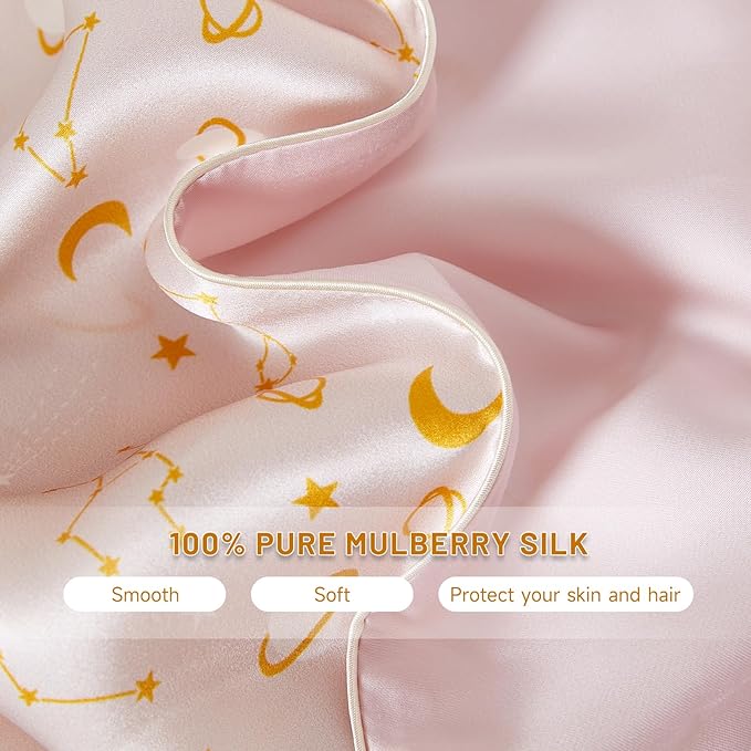 THXSILK Natural Mulberry Silk Pillowcase for Hair and Skin, Grade 6A+ Mulberry Silk, Durable, Soft and Breathable Silk Pillow Case (King 20"x36", Peachy Beige Constellation Pattern)