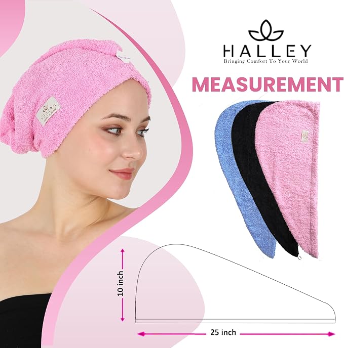 HALLEY Cotton Hair Towel Wrap (3 Packs) Super Absorbent Fast Drying Hair Towel for Thick Hair Turbans for Wet Hair with Button (Pink, Blue, Black)