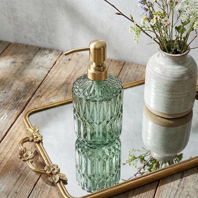 2-Pack Green Hand Soap Dispenser with Gold Stainless Steel Pump, Refillable Glass Soap Dispenser for Bathroom, Vintage Kitchen Soap Dispenser for Liquid Hand Soap, Lotion, Body Wash (14 OZ)