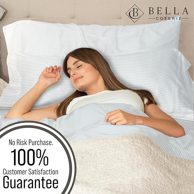 Bella Coterie | Luxury Bamboo Viscose Queen Size Pillowcase Set | 100% Organically Grown | Ultra Soft | Cooling | 2 Pcs [Striped Coastal Blue]