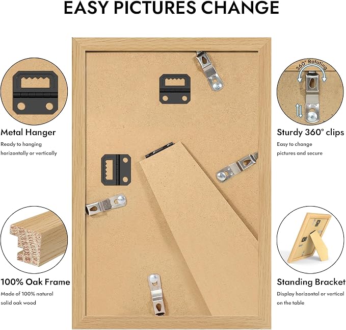 Hongkee 5.5x8.5 Oak Wood Picture Frame (1 Pack, Natural) Real Glass Cover | 5.5 x 8.5 Solid Wood Frame for Wall or Tabletop Display - Includes Easel Back, Vertical Hang - Ideal for Home, Office