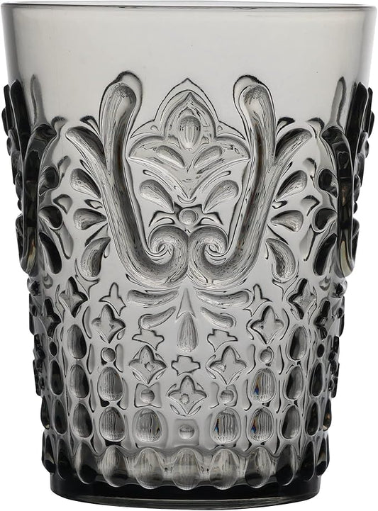 KLIFA- BLOIS- 15.2 ounce, Set of 6, Acrylic Tumbler Drinking Glasses, BPA-Free, Stackable Plastic Drinkware, Dishwasher Safe, Vintage Looking Cups, Gray Black