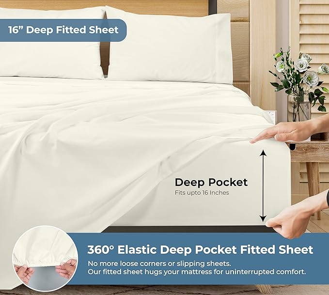 ROYALE LINENS 100% Organic Cotton Full Sheet Set - Percale Weave - 4 Pieces Set - 1 Flat, 1 Deep Pocket Fitted Sheet and 2 Pillowcases - Ivory Bed Sheets - Sábanas Full - Crisp Cool (Ivory)
