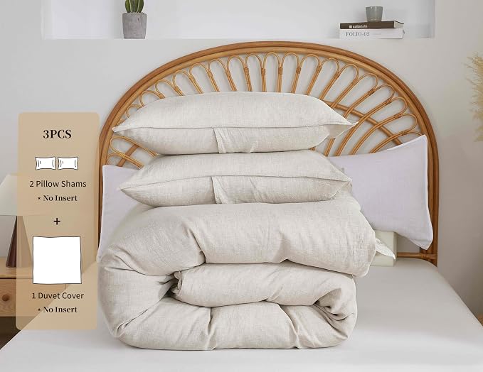 100% French Flax Linen Duvet Cover Set, Queen Size 90''x90'' 3 Pcs with 8 Corner Ties and Button Closure, Soft and Breathable for All Season (Natural Linen, Queen)