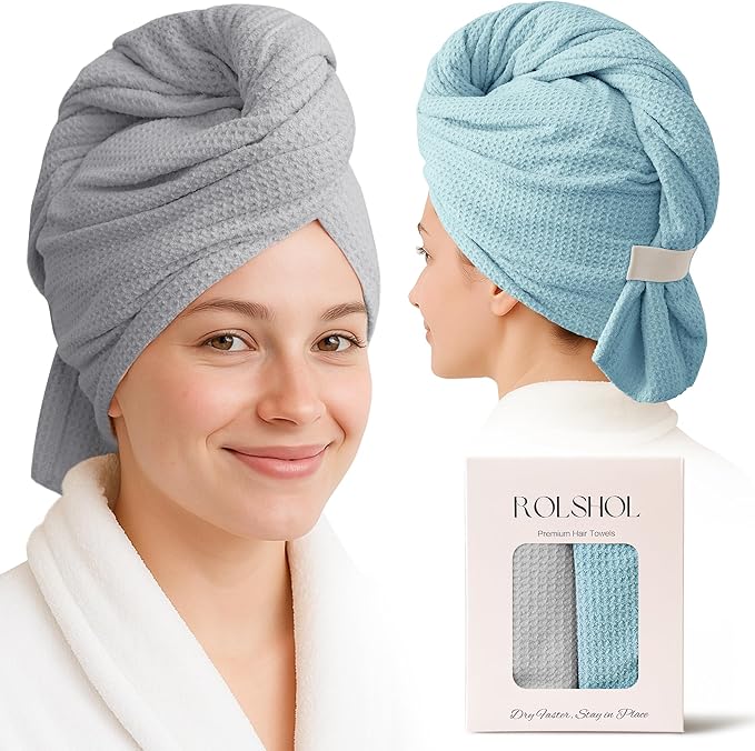 ROLSHOL 2 Pack Microfiber Hair Towel Wrap for Women, 32" x 11" Waffle Weave Hair Plopping Towel for Curly, Long & Thick Hair, Anti-Frizz Hair Turbans for Wet Hair (Gray,Cyan Blue)