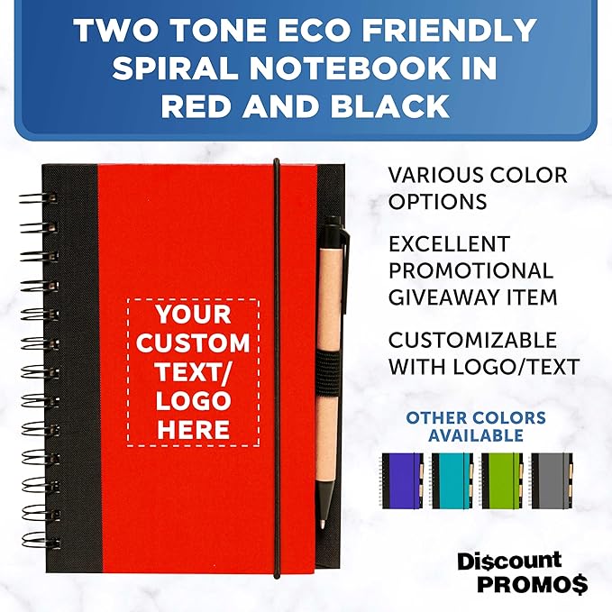 DISCOUNT PROMOS Custom Eco Block Notebooks with Pens Set of 10/50/100, Personalized Bulk Pack - Perfect for School, Office, Business, Home - Red