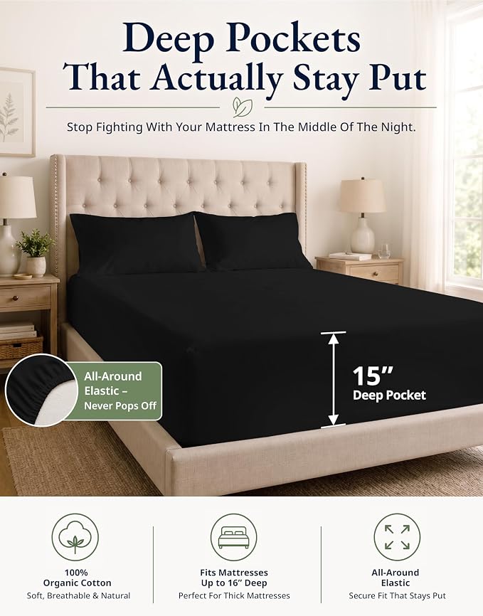 LANE LINEN 100% Organic Cotton Twin XL Fitted Sheet & Pillowcase - Soft & Breathable Percale Weave Set for Naturally Cooling Behaviour - 15''Deep Pocket for Snug Fit - GOTS Certified - Black