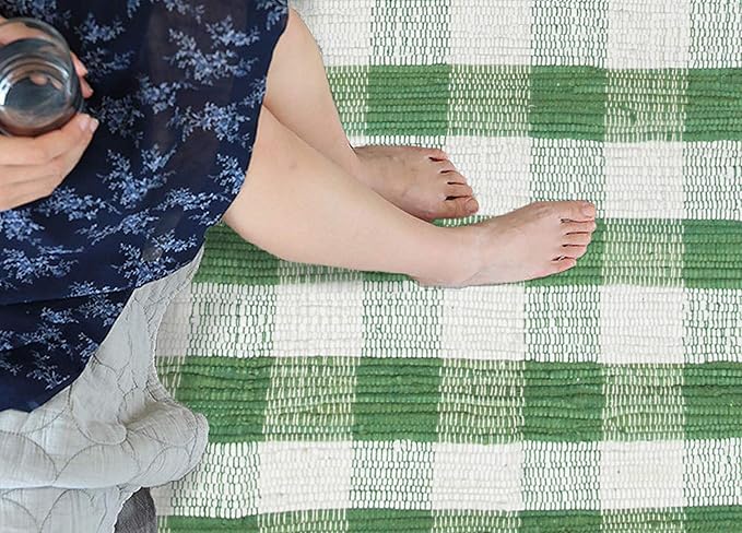 GLAMBURG Cotton Reversible Area Runner Rug 2' x 6' for Bedroom Living Room Kitchen Hallways Front Porch Laundry Room, Handwoven Farmhouse Floor Mat, Washable Checkered Plaid Runner Rug Green White