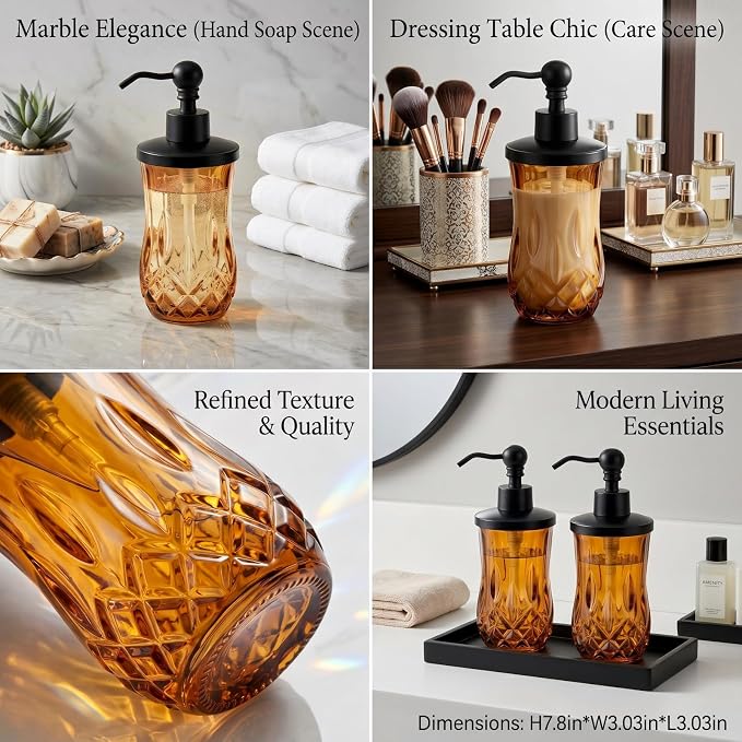 2 Pack 9 Oz Glass Soap Dispenser with Matte Black Zinc Alloy Pump, Amber Round Textured Refillable Hand Soap Dispenser for Lotion, Hand Soap, Body Wash, Kitchen & Bathroom Countertop Decor