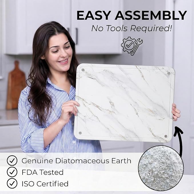 LARGE MATMOSPHERE Stone Dish Drying Mat for Kitchen Counter – Fast Absorbing Diatomaceous Mat with Stainless Steel Legs, Quick Dry, Dish Rack Mat, USA Small Business, 18”x14”, White Marble