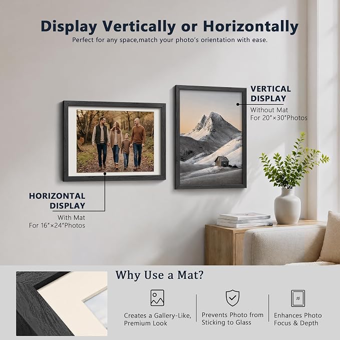 VCK 20x30 Frames Black 3 Pack, Wide Border Wooden Poster Frame, Display 18x24 Picture Photo with Mat or 20 x 30 without, for Home, Office, Gallery, Woodgrain Series, Wall Hanging
