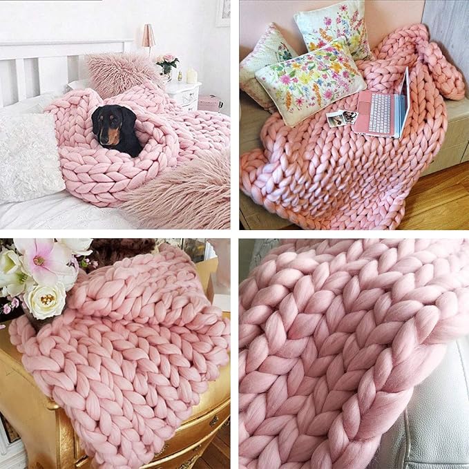 Knit Chunky Blanket Giant Throw Merino Wool Yarn Hand Made Bed Sofa Chair Mat(Pink 40"x60")