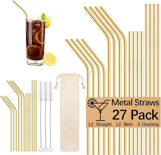27 Pack metal straws reusable,12 Pcs Straight +12 Pcs Bent,3 Pcs Cleaning Brushes Included,stainless steel straws for 20oz and 30oz Tumblers Dishwasher Safe