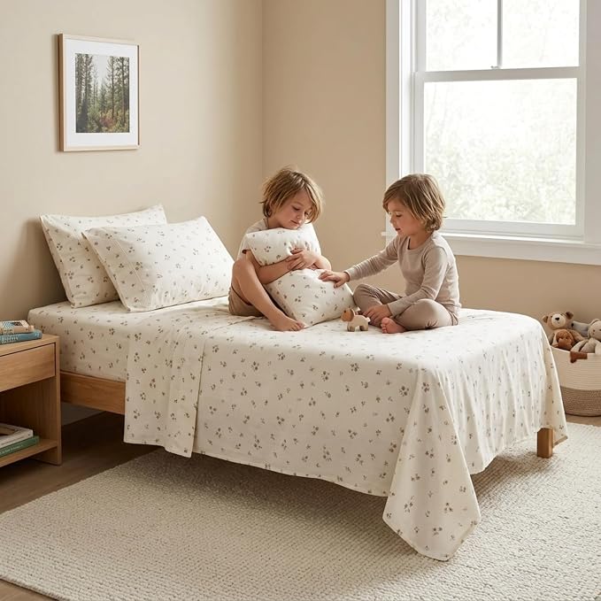 MakeMake Organics Organic Queen Sheet Set GOTS Certified Organic Cotton Sheets Queen Bed Fitted Sheet Flat Sheet Pillowcases Set - Ultra Soft Non Toxic Breathable Ditsy Flowers Peach (Queen, Bloom)