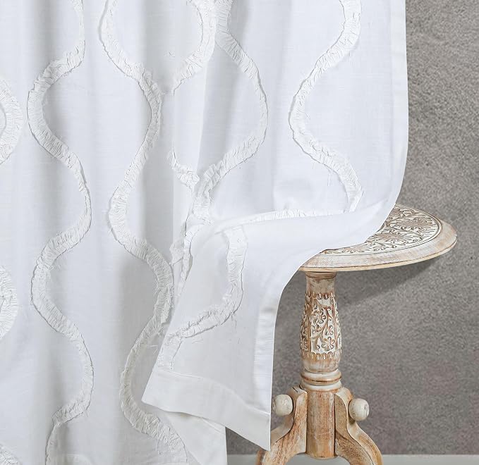 Bedding Craft White Farmhouse Tab Top Curtains 96 Inch Long – Set of 2 Cotton Semi Sheer Light Filtering Drapes with Frill Trim, Rustic Boho Window Curtains for Living Room Bedroom