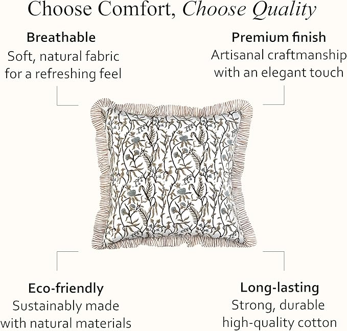 CPC Cocoa Vine Hand Block Print 100% Cotton Ruffle Throw Pillow Cover 20x20 inch with Hidden Zipper Decorative for Couch, Bed, Sofa, Farmhouse, Cottagecore Decor Gift Christmas Fall Thanksgiving