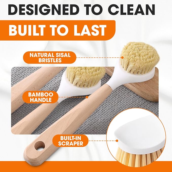 Cheer Collection Bamboo Dish Brush Set of 3 – Kitchen Scrub Brushes with Non-Scratch Bristles for Pots, Pans, and Sink Cleaning – Durable Dishwashing Brushes for Daily Kitchen Use