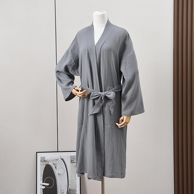 Women's Organic Cotton Bathrobe Long Sleeve Nightgowns Lightweight Waist-Tie Bath Robe for Home Spa Muslin Cotton Beach Wear