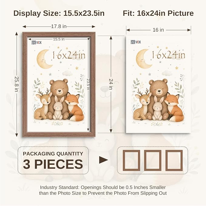 VCK 16x24 Poster Frame 3 Pack - Walnut Solid Wood Picture Frames with Exclusive Wood Grain, Wall Hanging