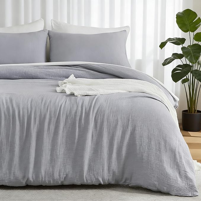 EMME Muslin Cotton Duvet Cover Set Light Grey Twin Size Linen Like Soft Breathable Lightweight Summer Comforter Cover Set with Zipper Closure (Light Grey, Twin, 68"x90")