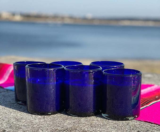 Hand Blown Mexican Drinking Glasses - Set of 6 Cobalt Tumbler Glasses (10 oz each)