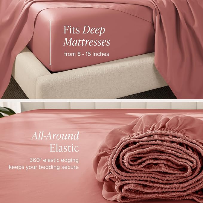 Bare Home 100% Organic Cotton Queen Sheet Set - 400 Thread Count - Smooth Sateen Weave - Breathable & Cooling - Hotel Luxury Set - Deep Pocket Bed Sheets (Queen, Dusty Rose)