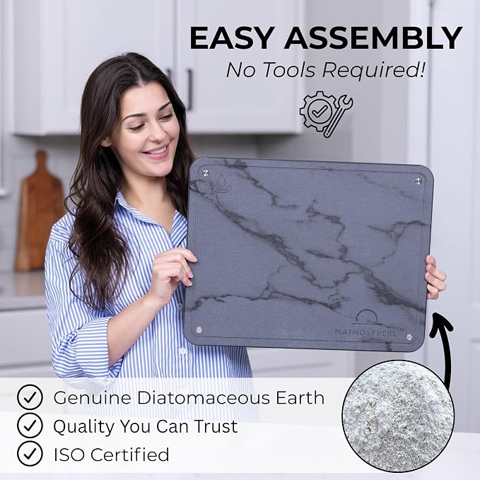 LARGE MATMOSPHERE Stone Dish Drying Mat for Kitchen Counter – Fast Absorbing Diatomaceous Mat with Stainless Steel Legs, Quick Dry, Dish Rack Mat, USA Small Business, 18”x14”, Gray Marble