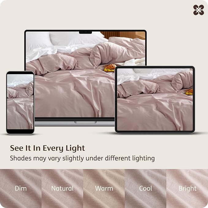 Bedsure Duvet Cover King Size - 100% Washed Cotton, Linen-Like Minimalist Bedding - PureWoven Plain Soft Comforter Cover for All Seasons, 1 Duvet Cover Only (Petal Pink, 104" x 90")