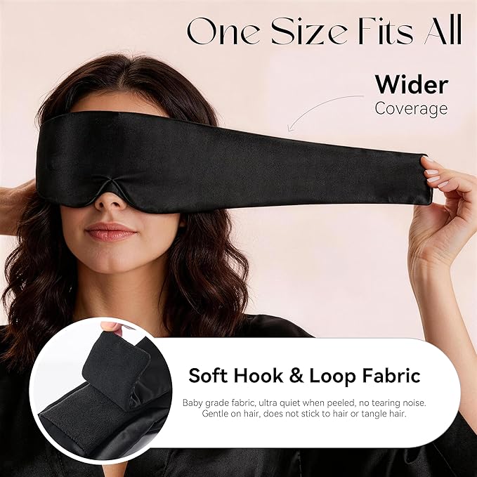Silk Sleep Mask 22 Momme100% Mulberry Silk & 3.5cm Silk Hairband Set, Upgraded Light Blocking NosePad, Soft Wide Adjustable Strap, Comfortable Eye Mask for Men Women Home Travel (Black)