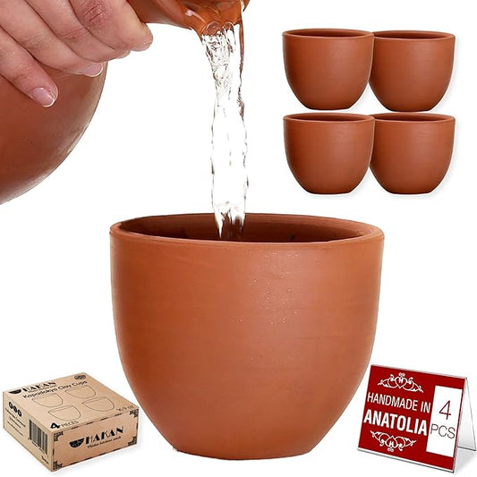 Hakan Kapadokya 16.9 oz, 4 Pcs, Handmade Pottery Mug Set of 4, Clay Cups for Beverages, Earthenware Flower Pot, Unglazed Clay Bowls, Drinking Cups for Decoration