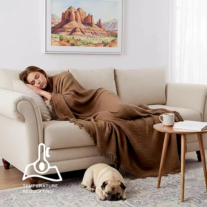 KyraHome 100% Organic Cotton Throw Blankets for Couch, 50" x60“, Pre-Washed Breathable Lightweight Gauze Muslin Blankets for Adults, Napping, Picnic, All-Season, Brown