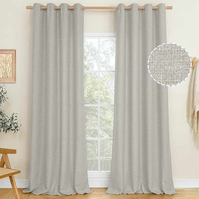 LAMIT Light Grey Linen Textured Curtains for Living Room, 108 inches Grommet Thick Light Reducing Thermal Curtains Light Filtering Panels for Bedroom/Farmhouse, Set of 2 Panels, W52 x L108