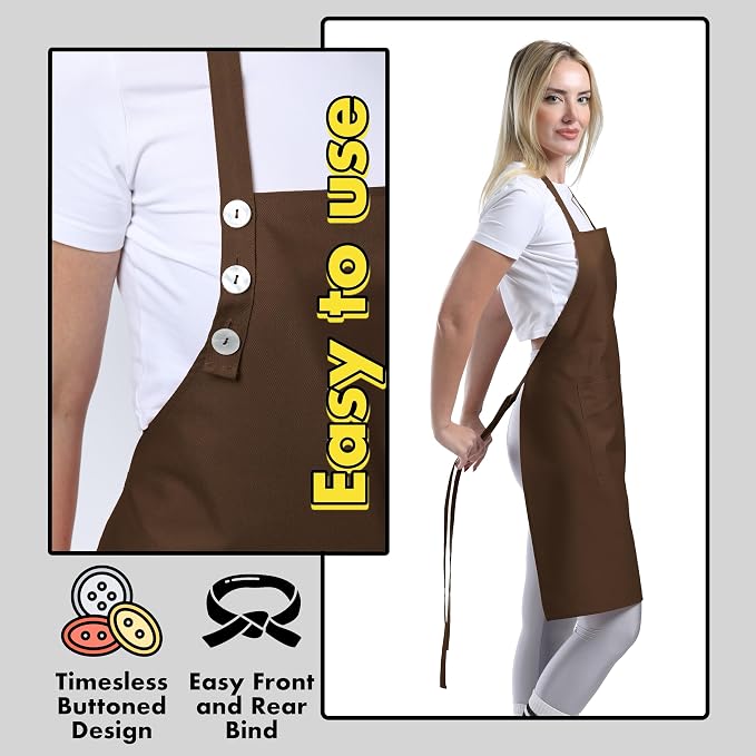 TOSHE Kitchen Apron Waterdrop Resistant Cotton Apron with adjustable Aprons for Women with Pockets 12 Color option Cooking Brown Apron (Brown)