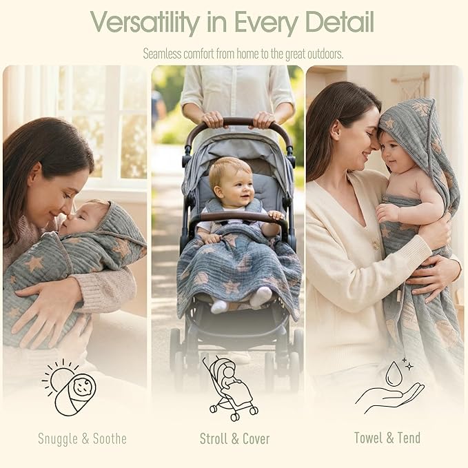 Ultra-Soft Muslin Baby Hooded Towel - 32 x 32 Inches, Ideal for Bath & Beach, Suitable for Both Boys & Girls from Newborns to Toddlers