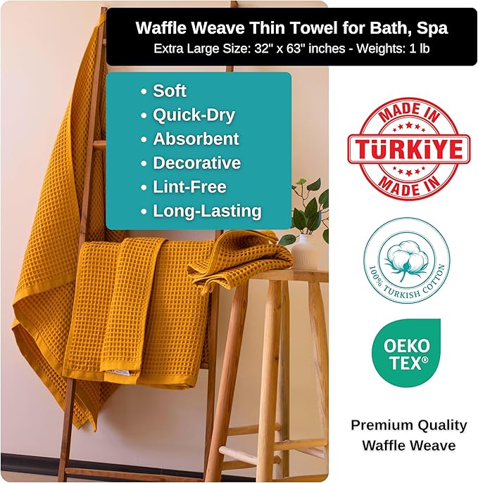 PÜSKÜL Pack of 2 Waffle Bath & Spa Towels - Premium 100% Turkish Organic Cotton - Quick Dry Thin Bath Towel for Bathroom - Made in Turkey (Mustrad Yellow, 32x63 inch)