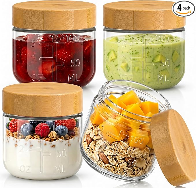 HomArtist 3oz Glass Salad Dressing Containers with Bamboo Lids - 4 Pack Small Airtight Condiment Cups, Mini Sauce Jars for Picnic, Ketchup, Dip & Snacks, Leakproof, BPA-Free & Dishwasher Safe