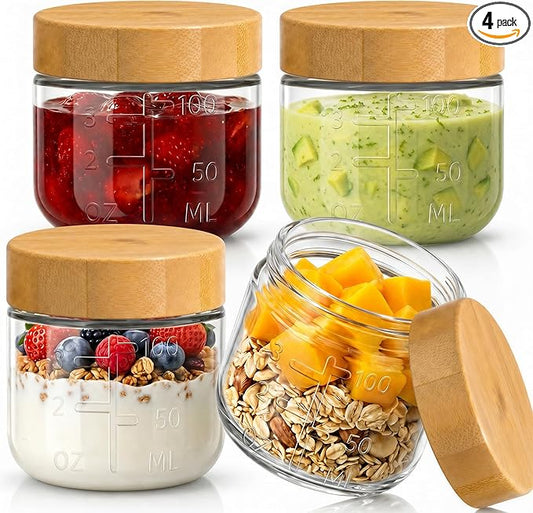 HomArtist 3oz Glass Salad Dressing Containers with Bamboo Lids - 4 Pack Small Airtight Condiment Cups, Mini Sauce Jars for Picnic, Ketchup, Dip & Snacks, Leakproof, BPA-Free & Dishwasher Safe