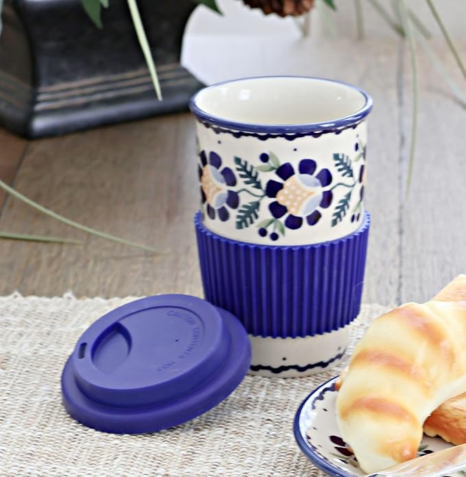 Blue Rose Polish Pottery - Yellow Sunflower Travel Coffee Mug - 12 oz - Mug for On-The-Go, Fits Most Car Cup Holders